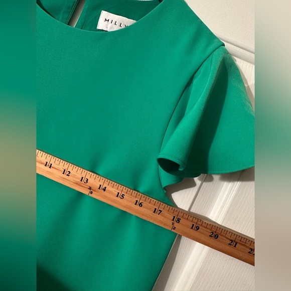 MILLY Women's 6 Solid Green Short Ruffle Sleeve Mini Shift Dress Pockets CLEAN2 - Picture 6 of 14